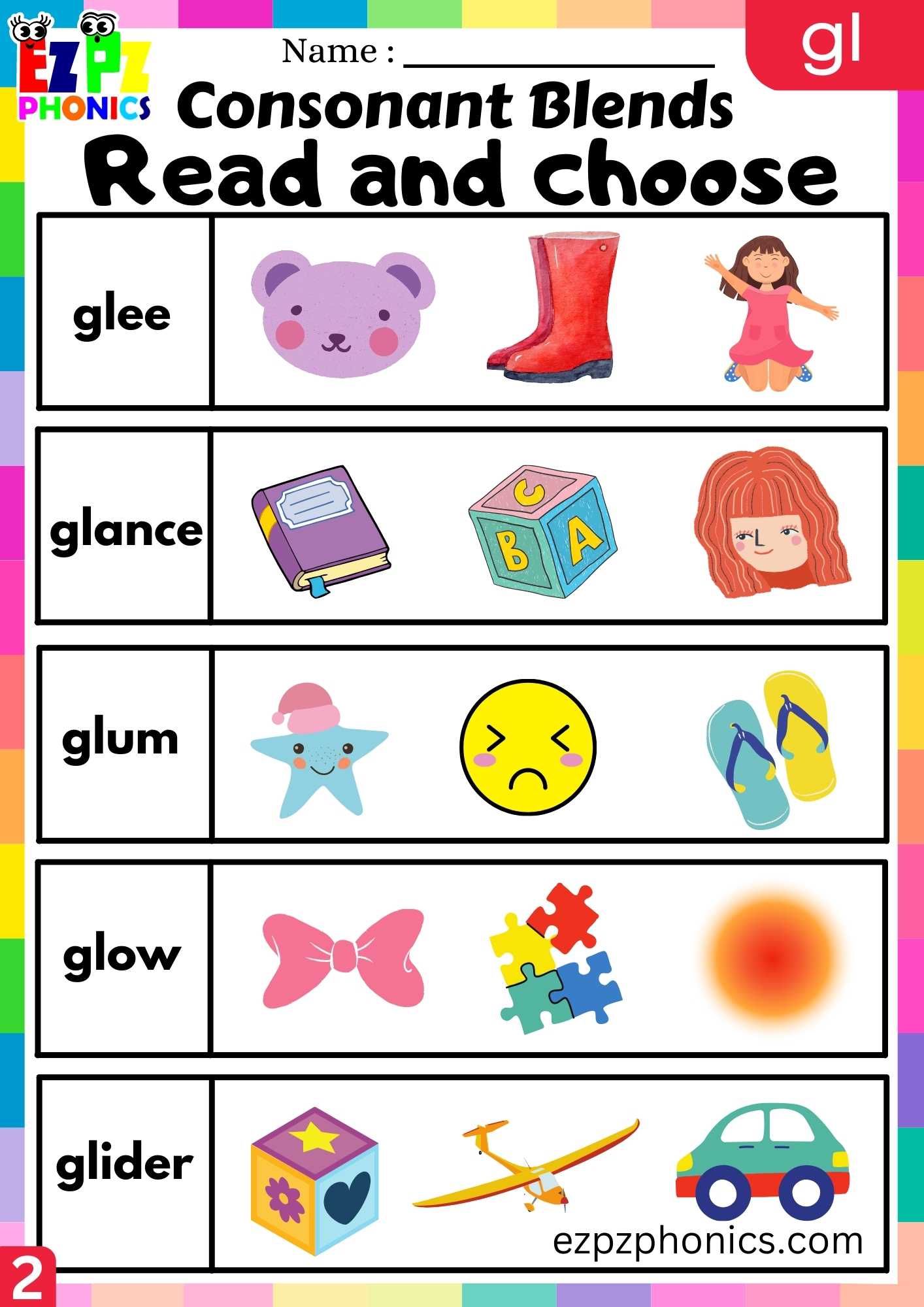 Group2 GL Words Read And Choose Phonics Consonant Blends Worksheet